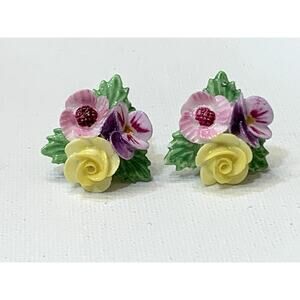 Denton England Earrings Vintage Ceramic Porcelain Flower Screw-back Yellow Pink